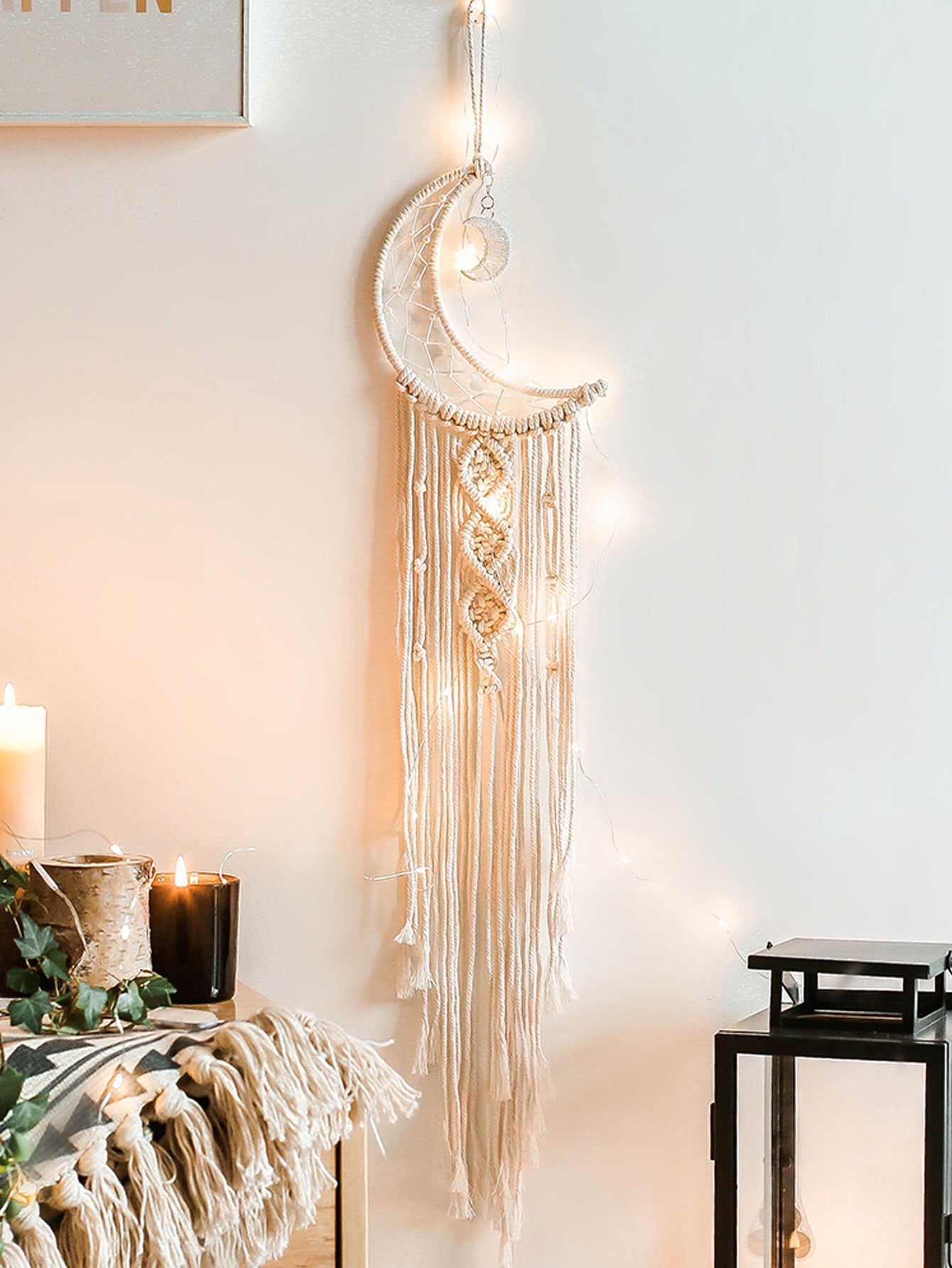 1pc Boho Hand Woven Moon Dream Catcher - Light Strings Not Included