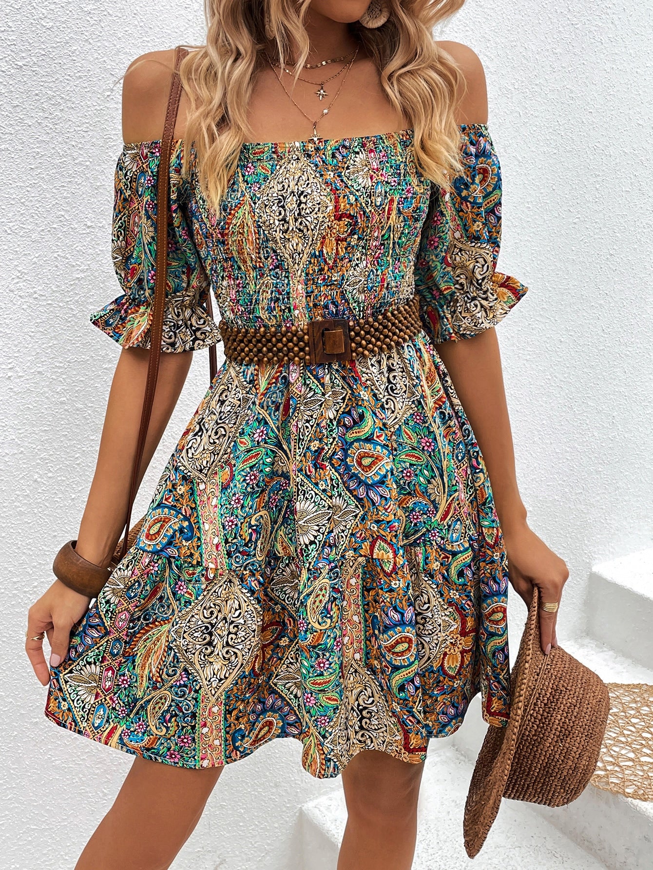 VCAY Paisley Print - Off Shoulder Dress (Without Belt)