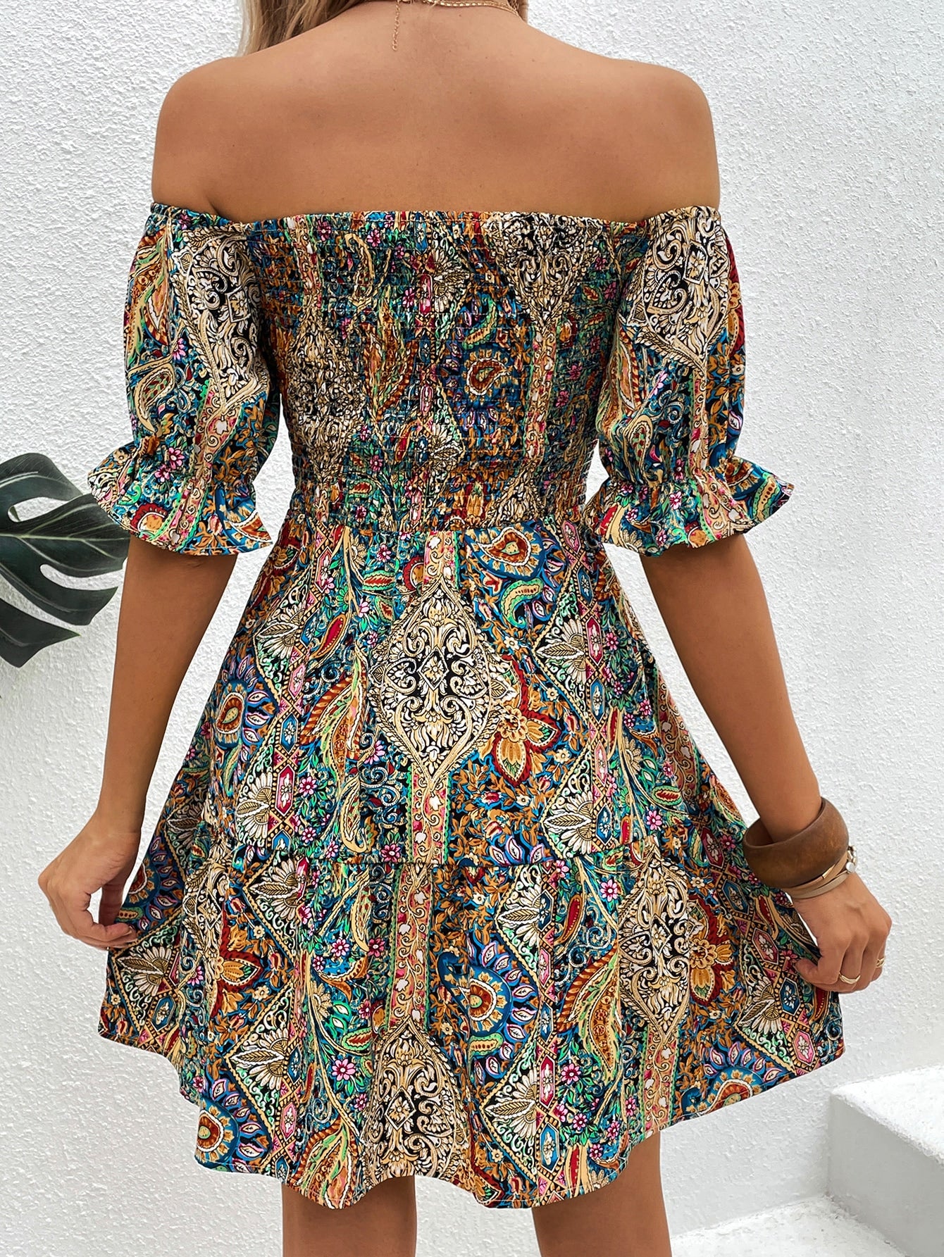 VCAY Paisley Print - Off Shoulder Dress (Without Belt)