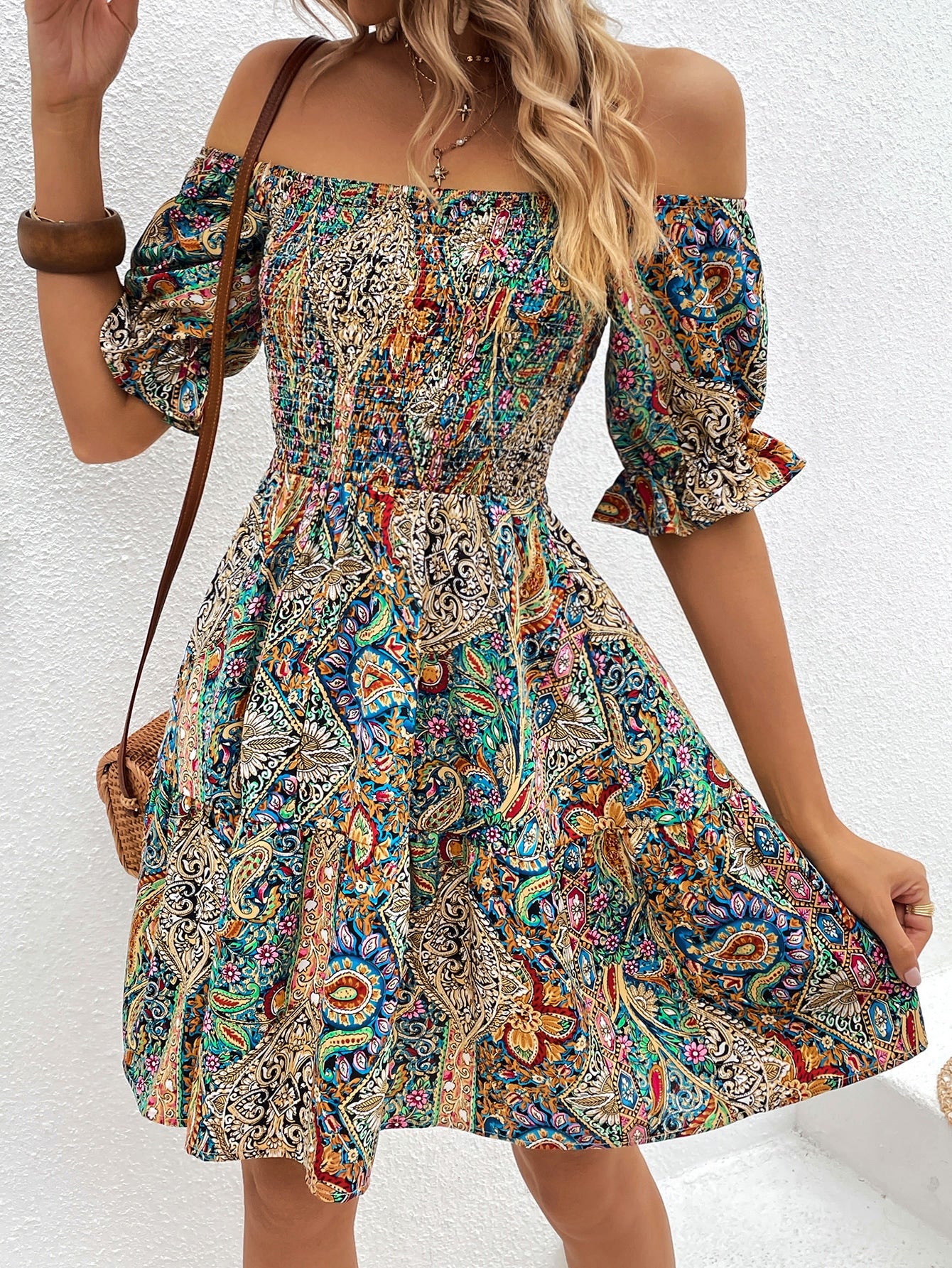 VCAY Paisley Print - Off Shoulder Dress (Without Belt)