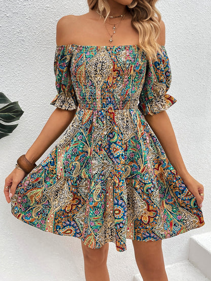 VCAY Paisley Print - Off Shoulder Dress (Without Belt)