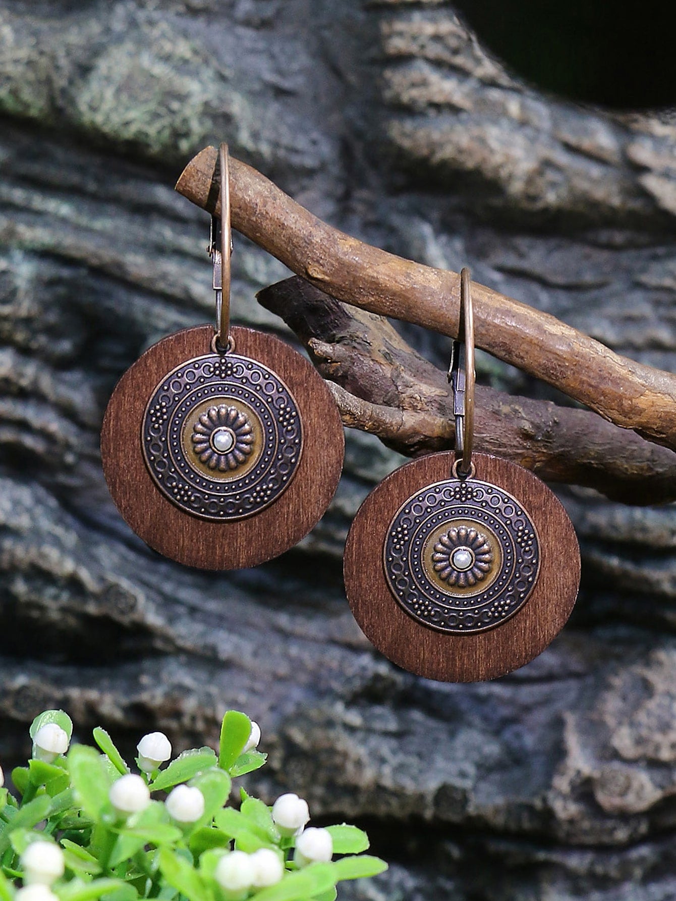 1pair Bohemian Antique Bronze Circle Pendant Earrings