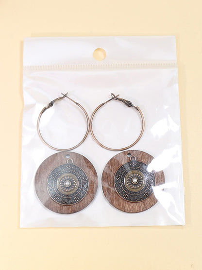 1pair Bohemian Antique Bronze Circle Pendant Earrings