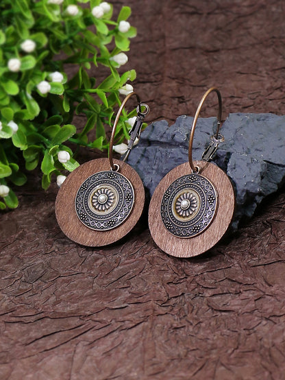 1pair Bohemian Antique Bronze Circle Pendant Earrings