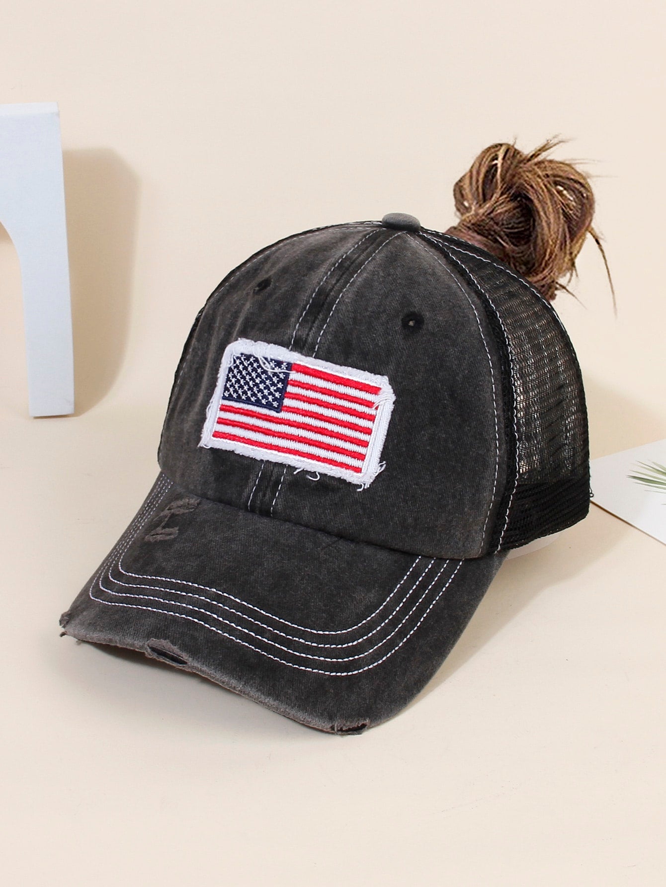 American Flag Embroidered Baseball Cap (with hole for bun / hair / ponytail)