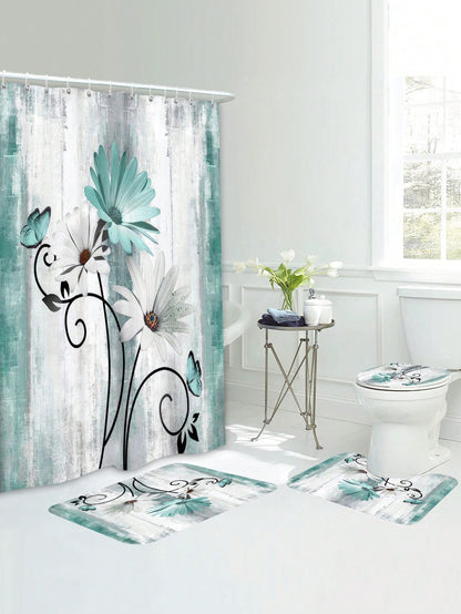 Flower Butterfly Pattern Bath Rug Or 1pc Shower Curtain Polyester Toilet Mat For Bathroom