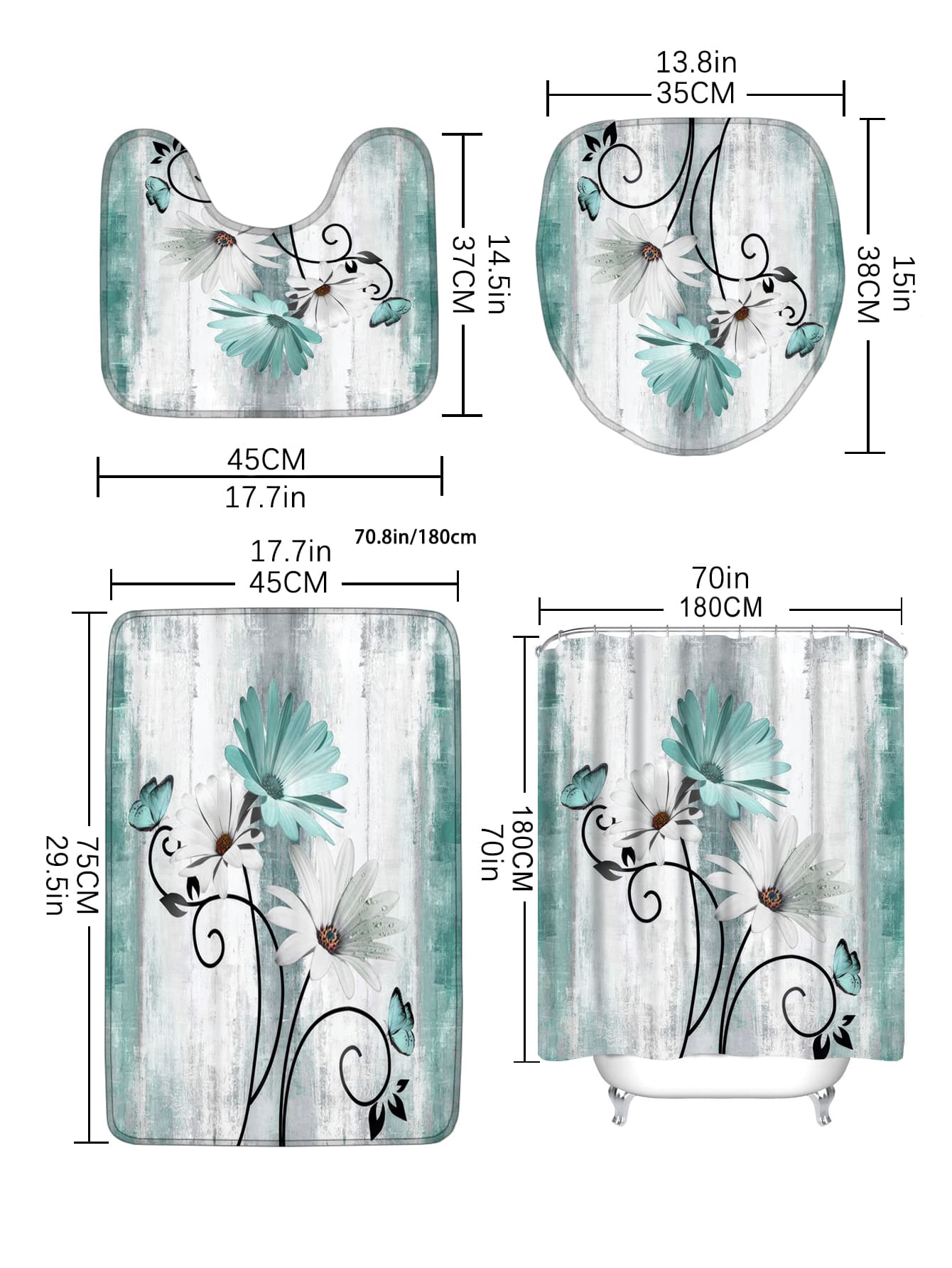 Flower Butterfly Pattern Bath Rug Or 1pc Shower Curtain Polyester Toilet Mat For Bathroom