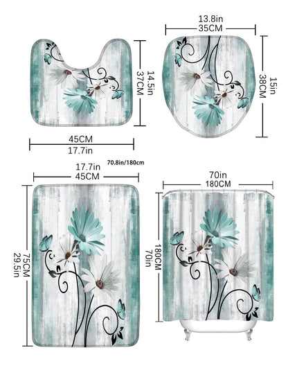 Flower Butterfly Pattern Bath Rug Or 1pc Shower Curtain Polyester Toilet Mat For Bathroom