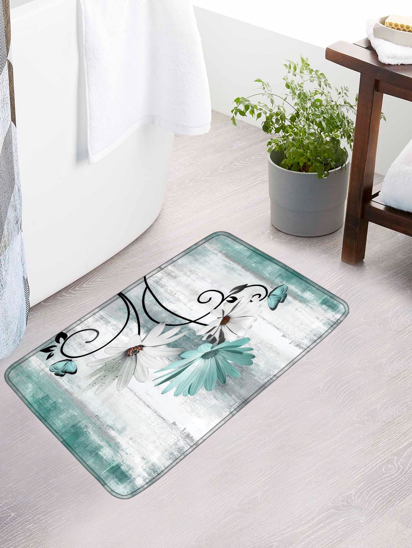 Flower Butterfly Pattern Bath Rug Or 1pc Shower Curtain Polyester Toilet Mat For Bathroom