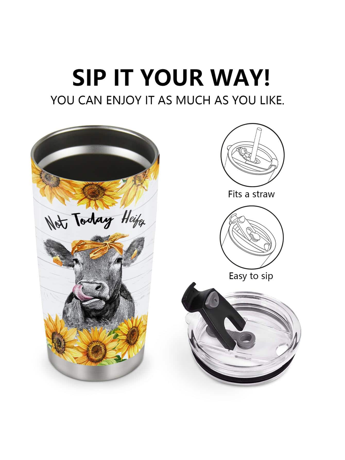 Country Tumbler Cup 20 oz Sunflower Insulated Travel Mug saying &quot;Not my pasture, not my bullshit&quot;