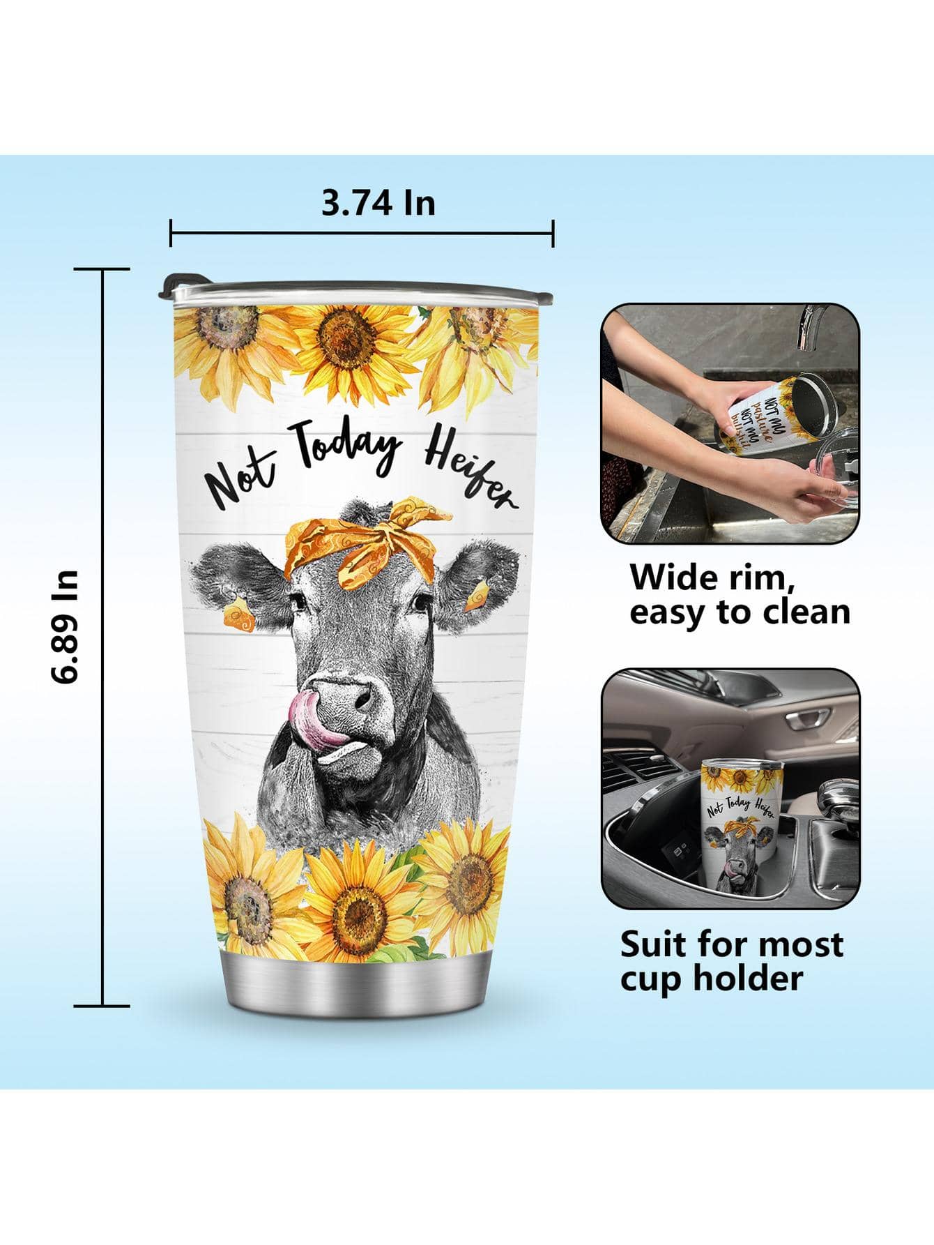 Country Tumbler Cup 20 oz Sunflower Insulated Travel Mug saying &quot;Not my pasture, not my bullshit&quot;