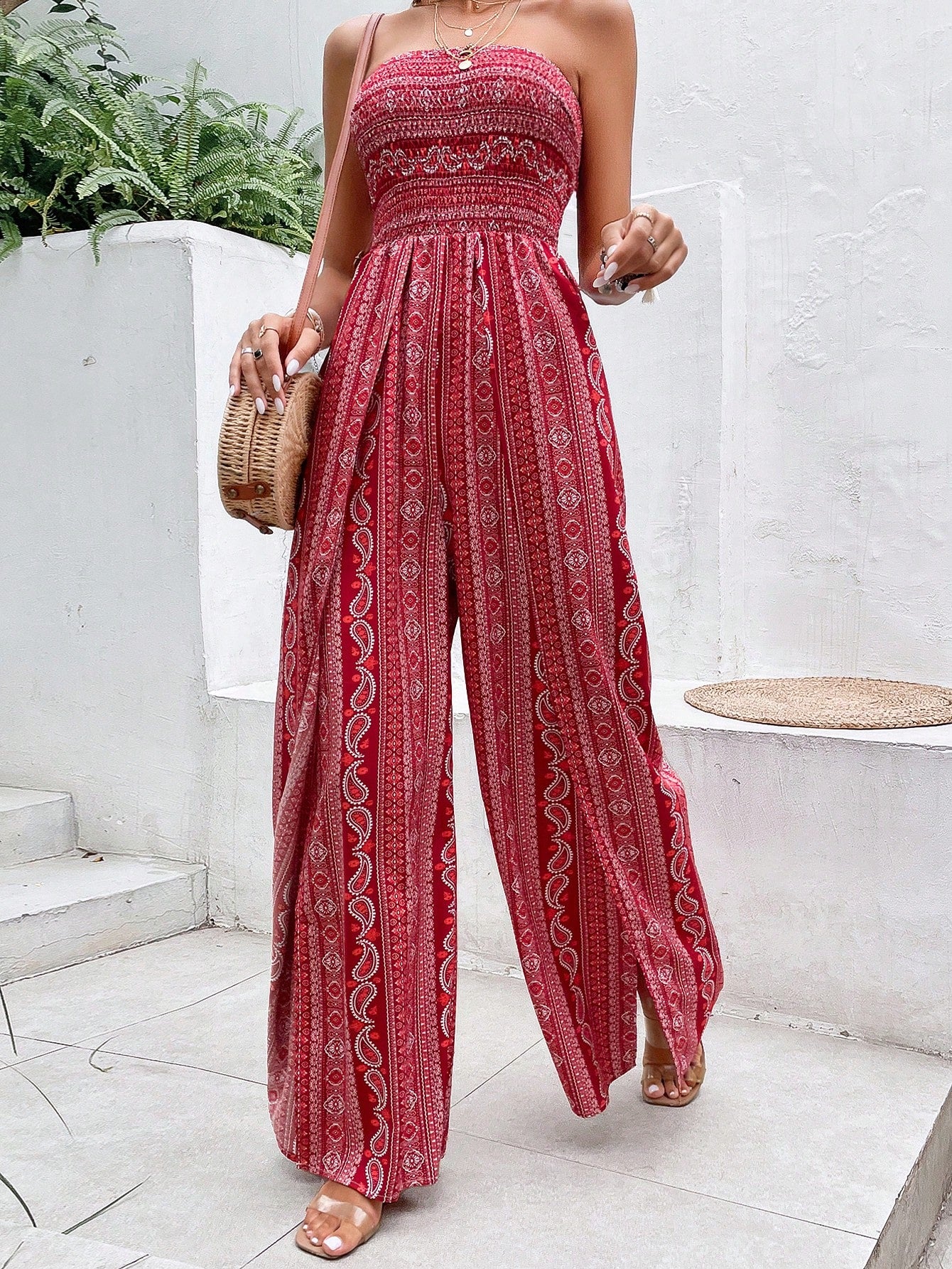 VCAY Paisley Print Split Thigh Tube Jumpsuit