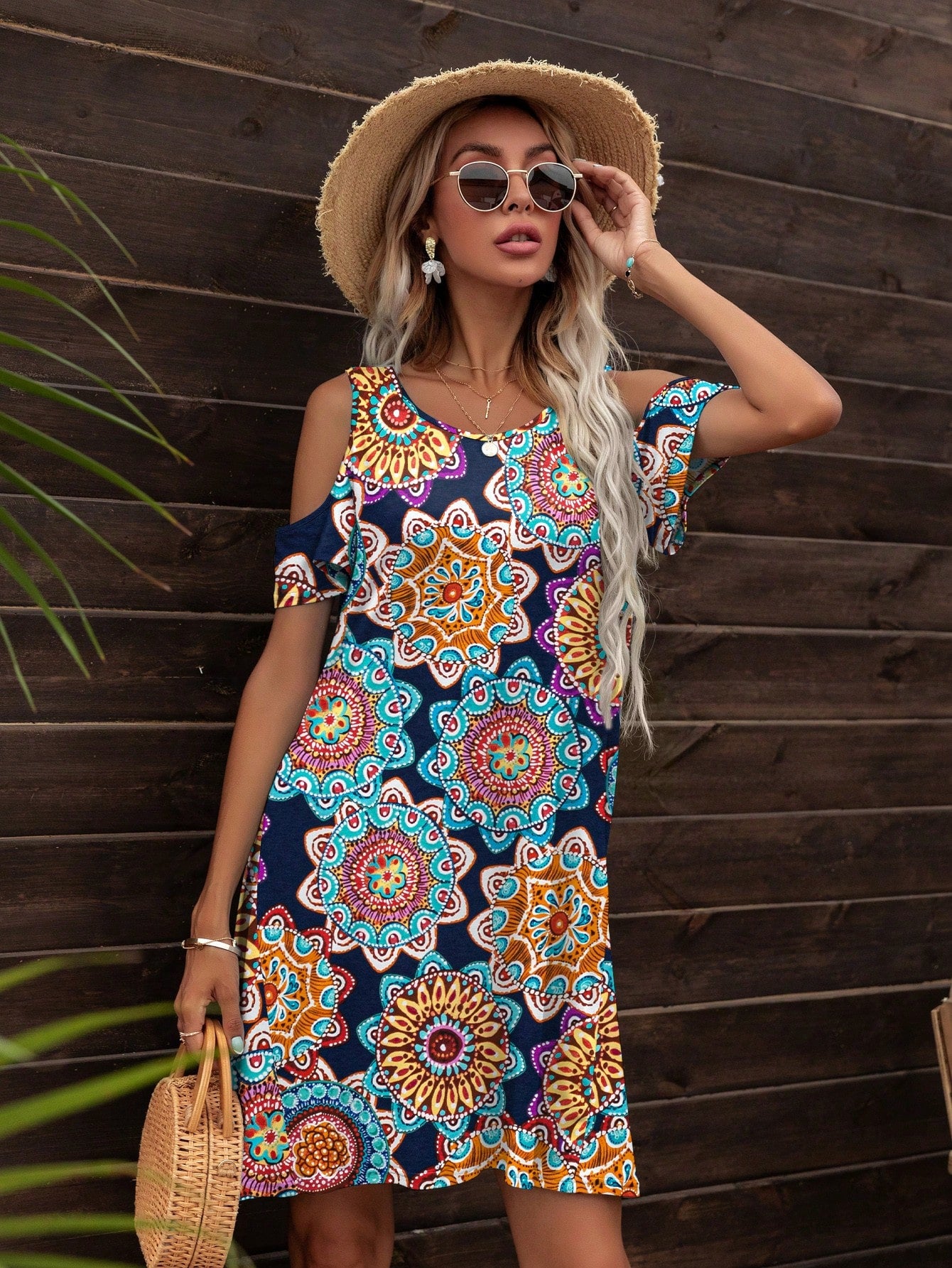 DEARCASE Mandala Print Cold Shoulder Dress