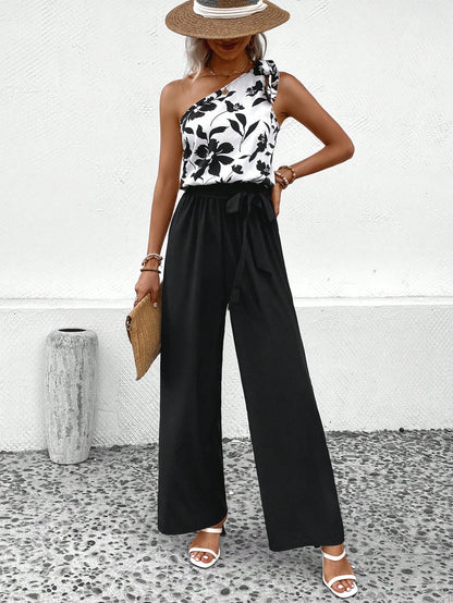 LUNE Floral Print One Shoulder Belted Jumpsuit