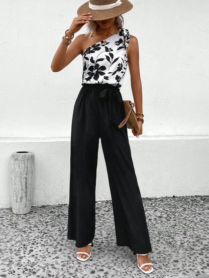 LUNE Floral Print One Shoulder Belted Jumpsuit