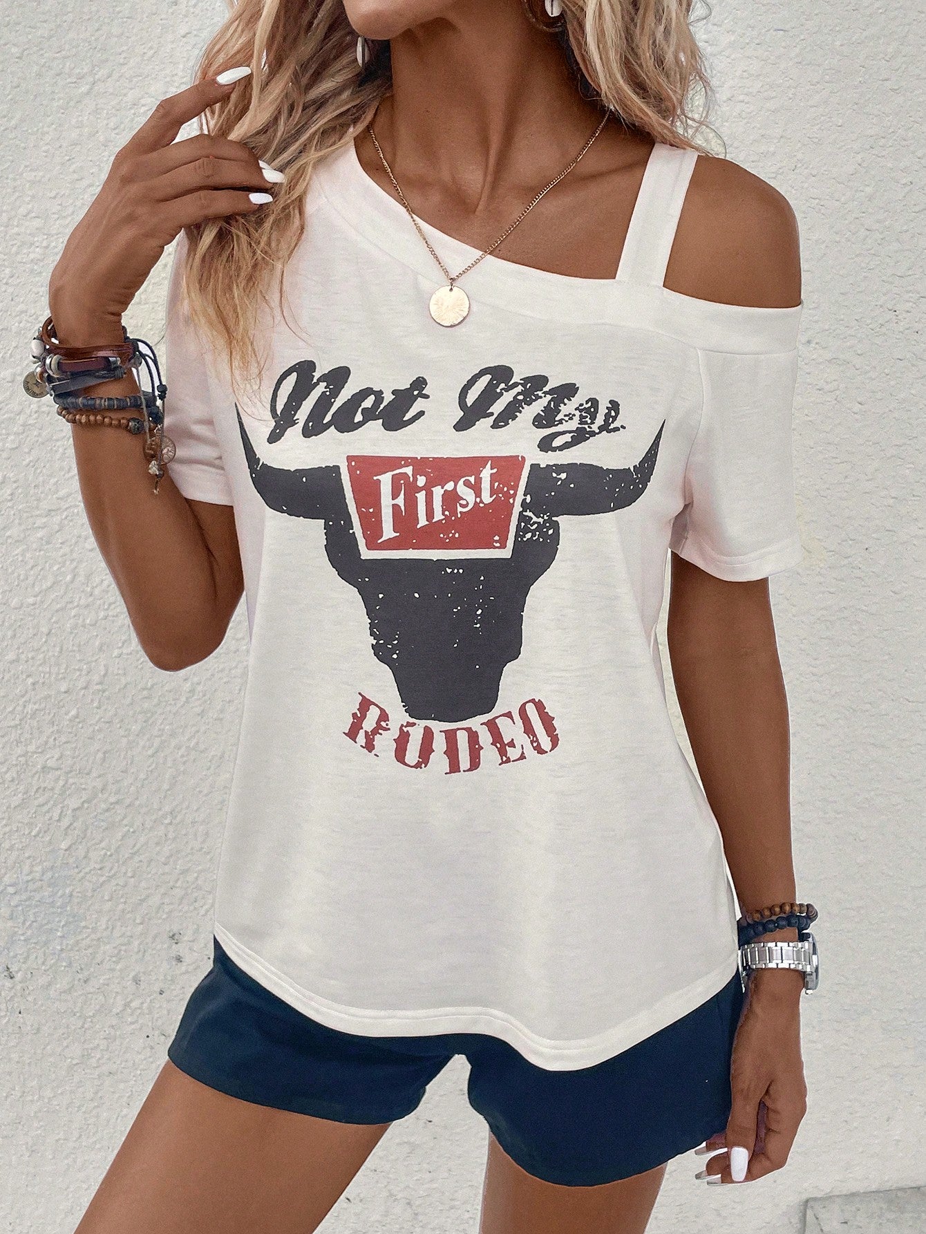 LUNE Cow Letter Graphic Asymmetrical Neck Tee