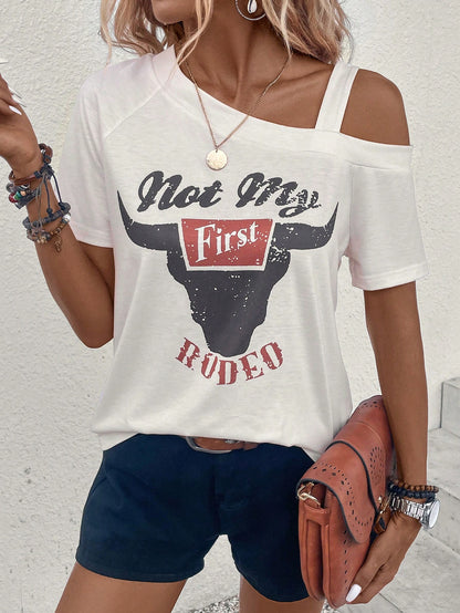 LUNE Cow Letter Graphic Asymmetrical Neck Tee