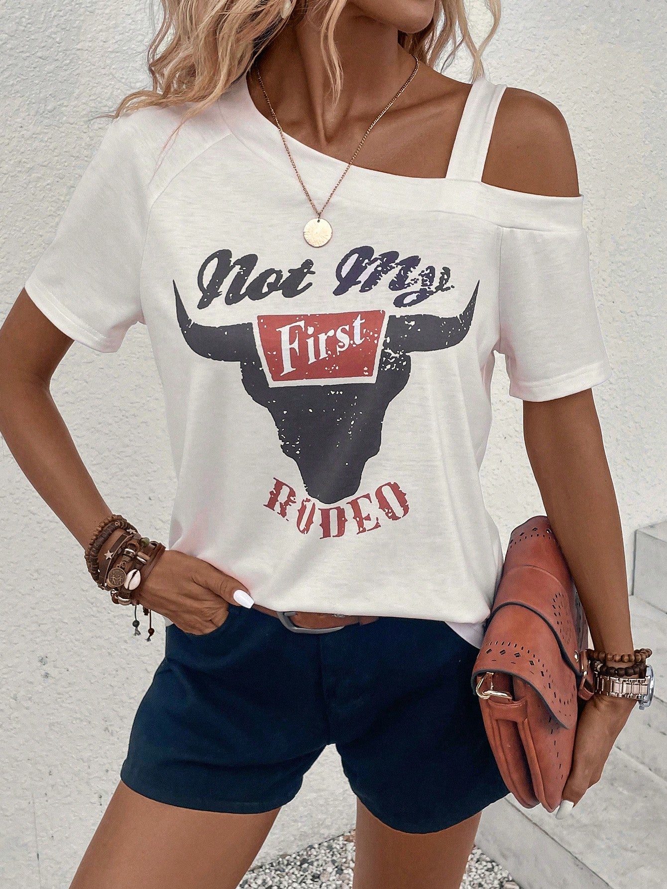 LUNE Cow Letter Graphic Asymmetrical Neck Tee