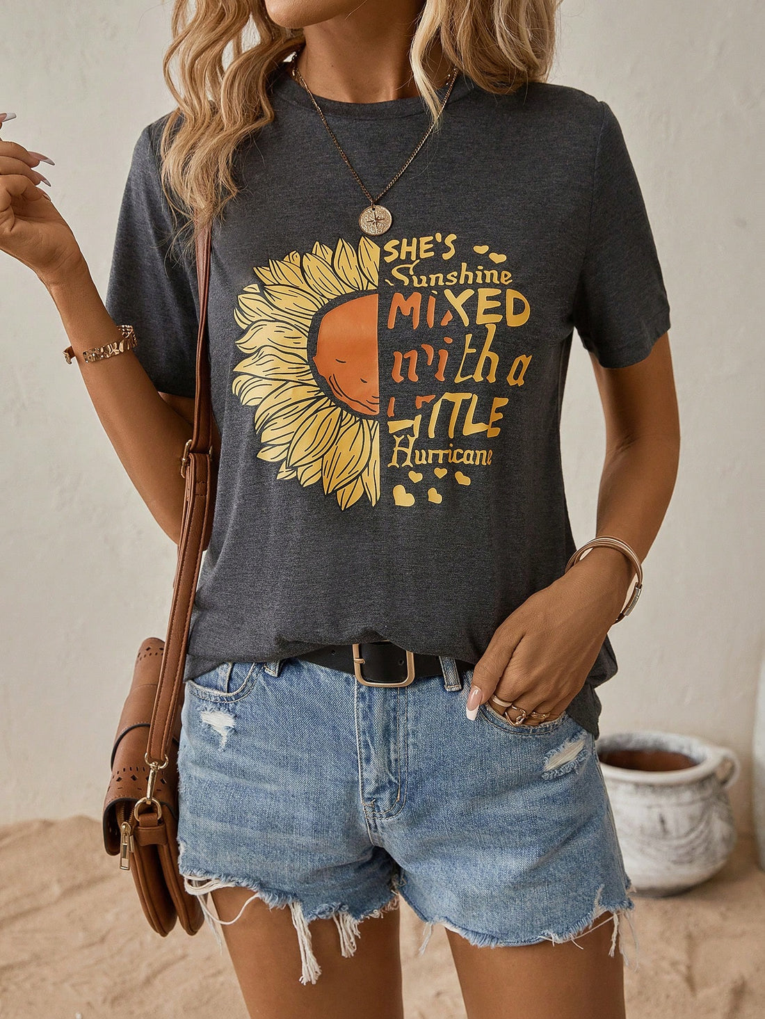 LUNE Sunflower &amp; Slogan Graphic Tee - &quot;She&