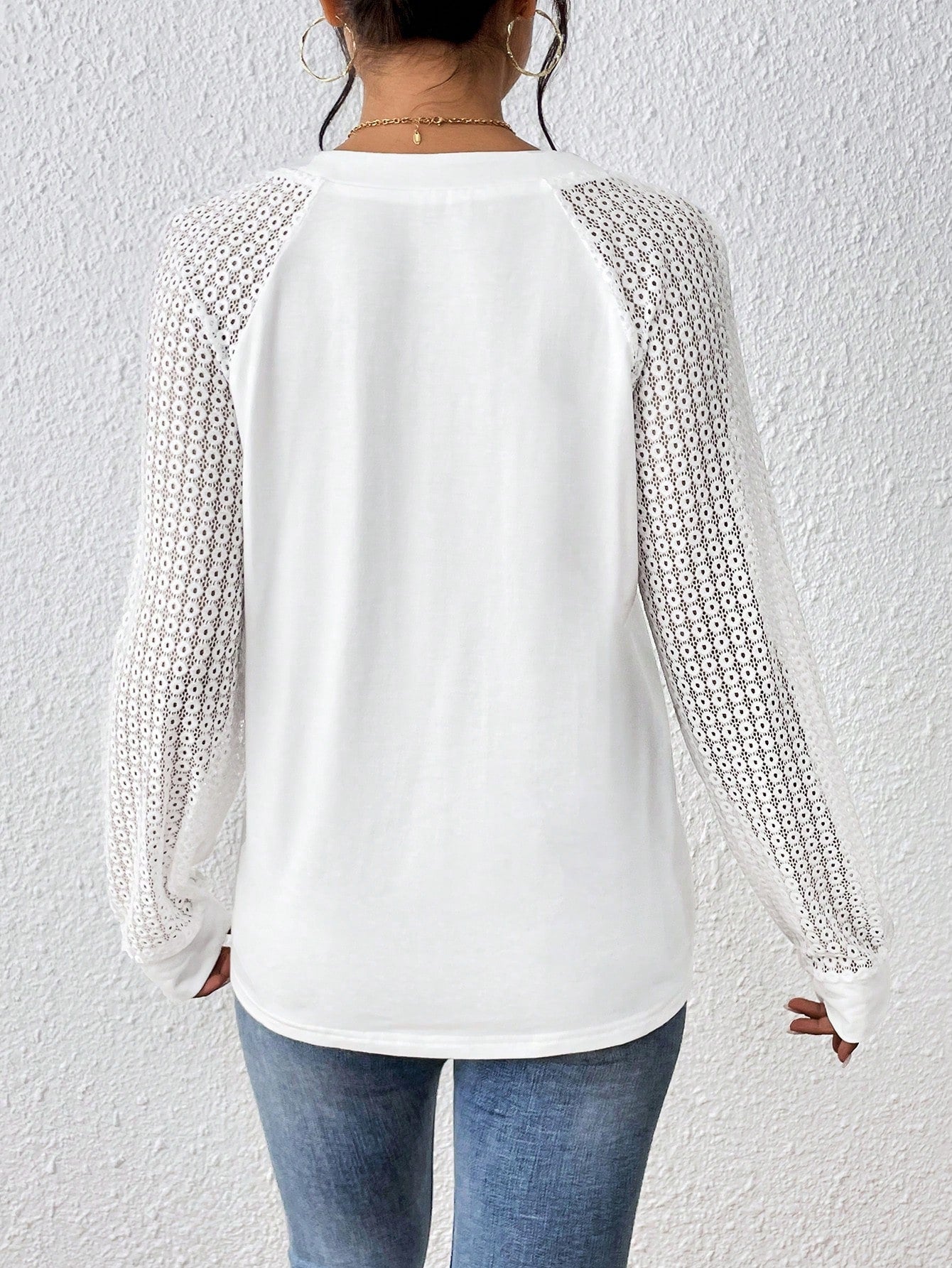 Frenchy Contrast Lace Raglan Sleeve V Neck Tee