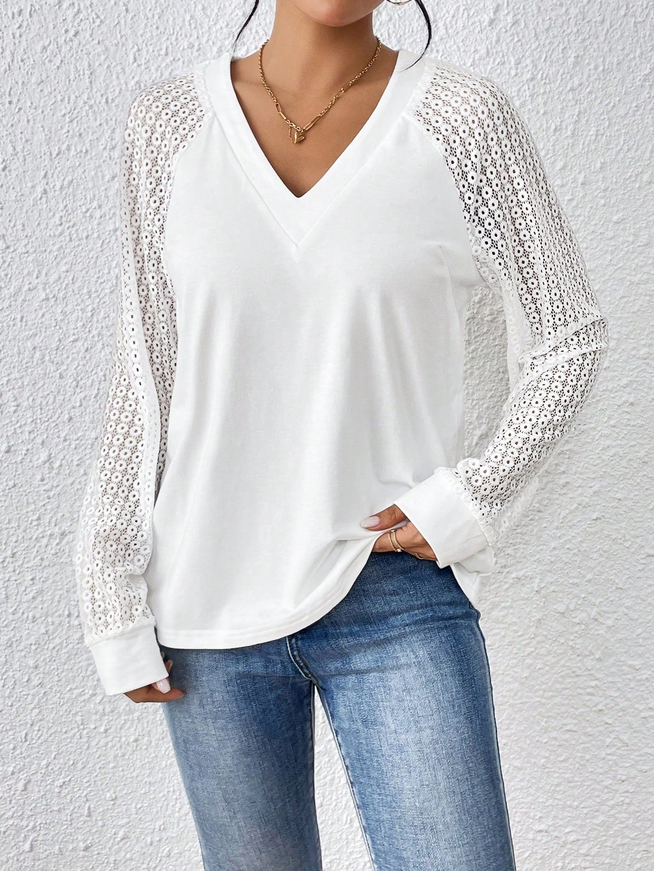 Frenchy Contrast Lace Raglan Sleeve V Neck Tee