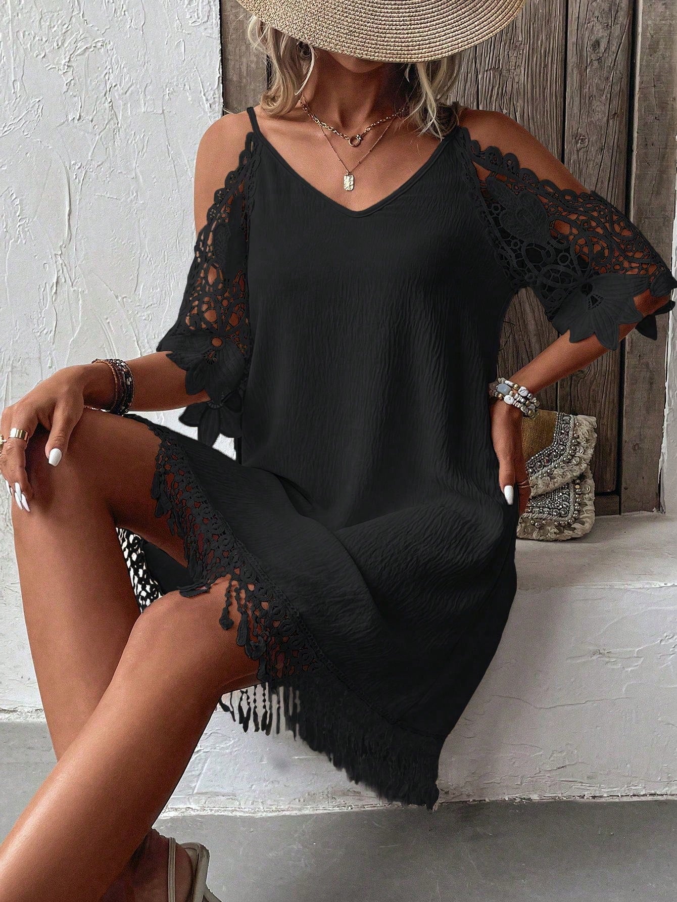 VCAY Guipure Lace Insert Cold Shoulder Fringe Trim Dress