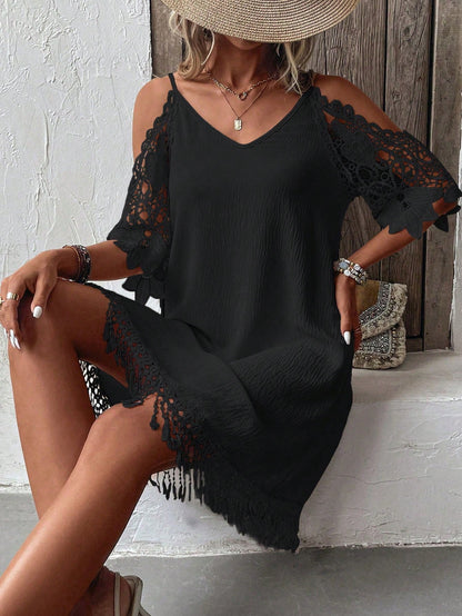 VCAY Guipure Lace Insert Cold Shoulder Fringe Trim Dress