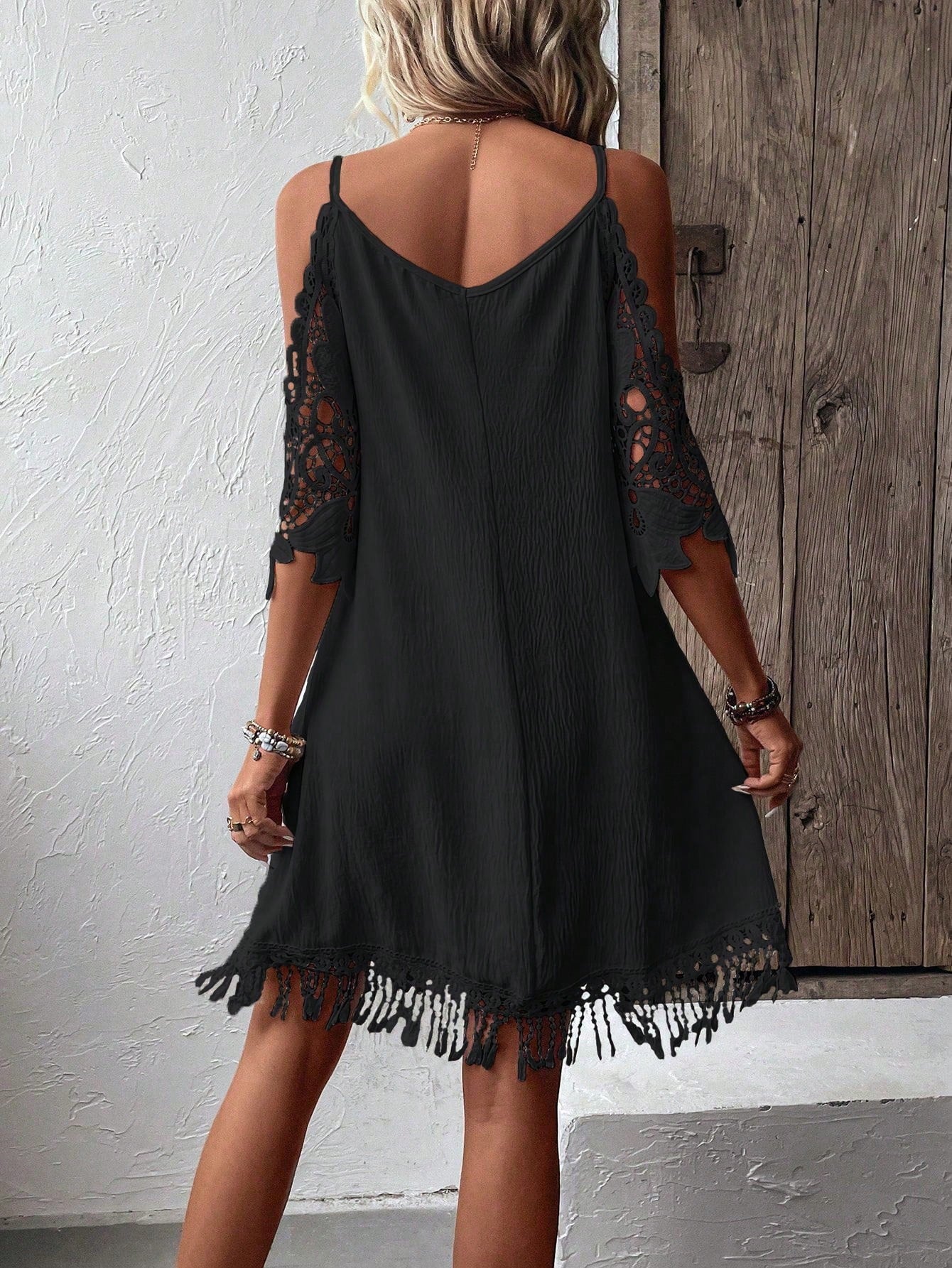 VCAY Guipure Lace Insert Cold Shoulder Fringe Trim Dress