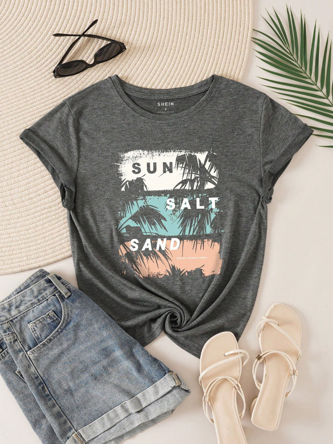 LUNE Tropical And Letter Graphic Tee - &quot;Sun Salt Sand&quot; (not custom made)