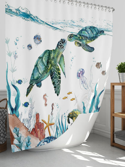 1pc Turtle Patterned Polyester Waterproof Thermal Insulated Shower Curtain Or 1 3cm Thick Anti slip Bathroom Mat