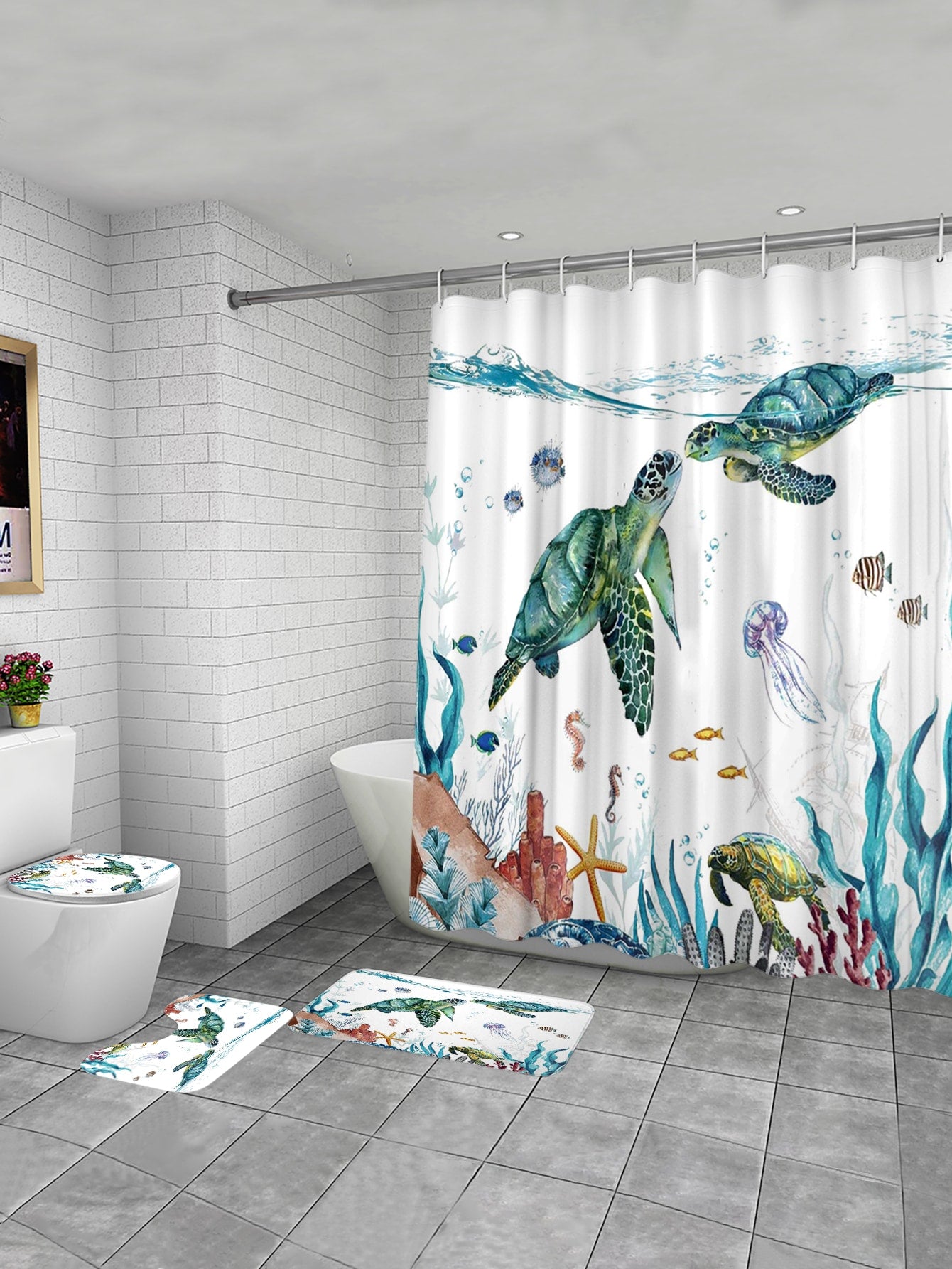 1pc Turtle Patterned Polyester Waterproof Thermal Insulated Shower Curtain Or 1 3cm Thick Anti slip Bathroom Mat