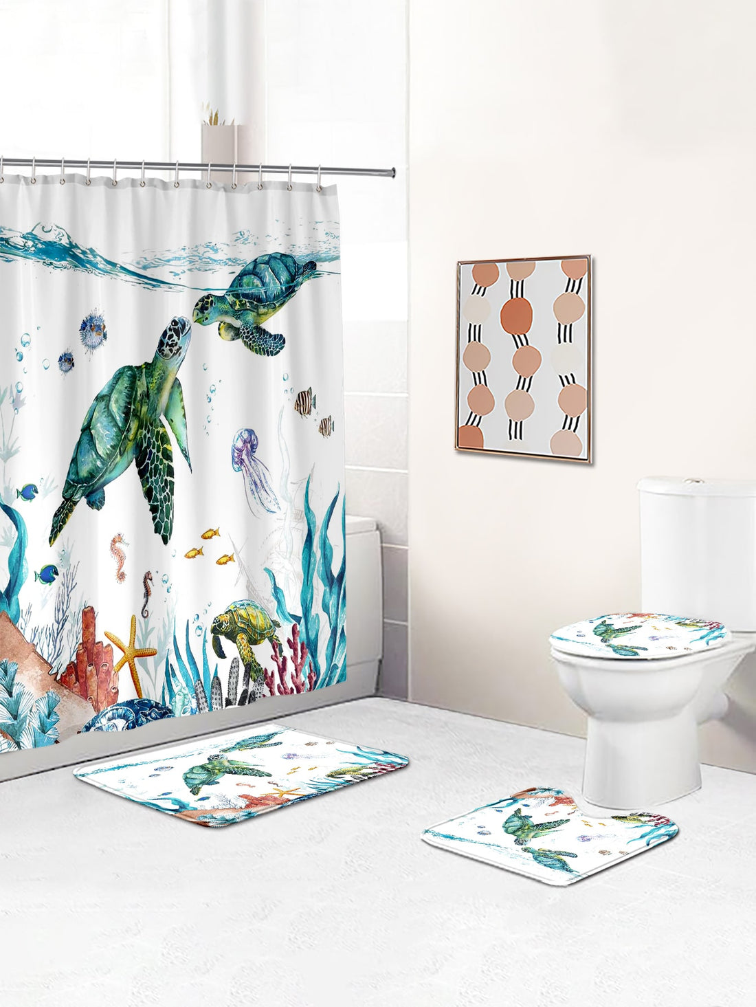 1pc Turtle Patterned Polyester Waterproof Thermal Insulated Shower Curtain Or 1 3cm Thick Anti slip Bathroom Mat