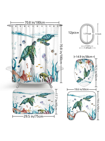 1pc Turtle Patterned Polyester Waterproof Thermal Insulated Shower Curtain Or 1 3cm Thick Anti slip Bathroom Mat