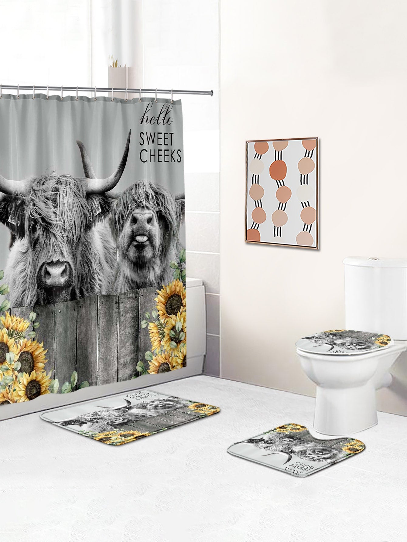 1pc Cow Flower Patterned Waterproof Shower Curtain Or Bathroom Non slip Mat