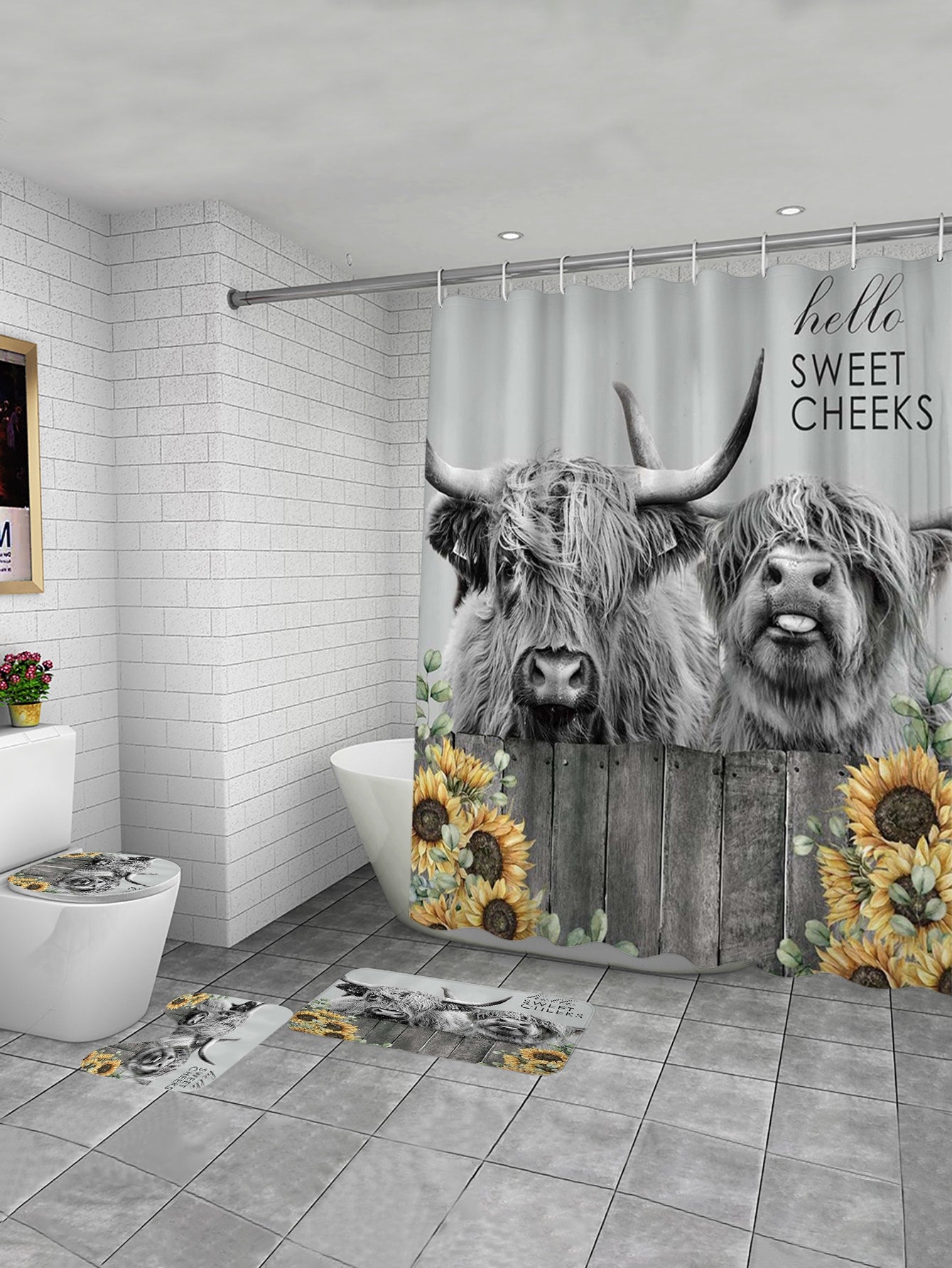 1pc Cow Flower Patterned Waterproof Shower Curtain Or Bathroom Non slip Mat