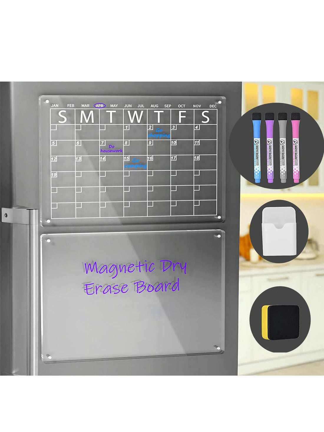 Refrigerator Magnetic Acrylic Calendar Board - Reusable With 4 Dry Erase Marker Pens In 4 Colors