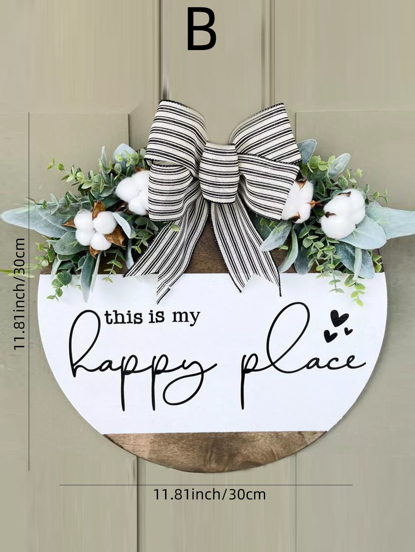 Our Happy Place - Round Wooden Welcome Sign With Bowknot Decoration Hanging Door Sign