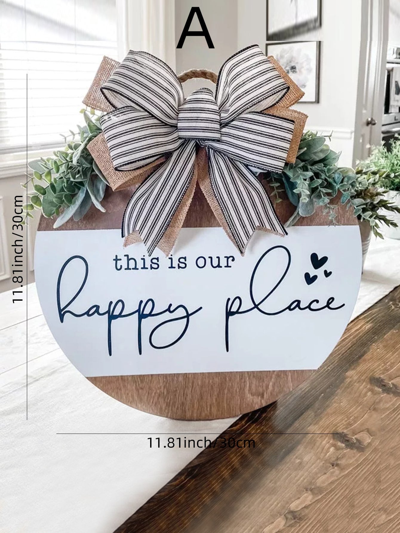 Our Happy Place - Round Wooden Welcome Sign With Bowknot Decoration Hanging Door Sign