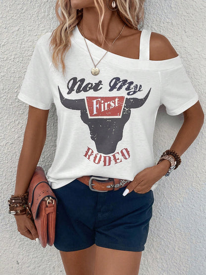 LUNE Cow Letter Graphic Asymmetrical Neck Tee