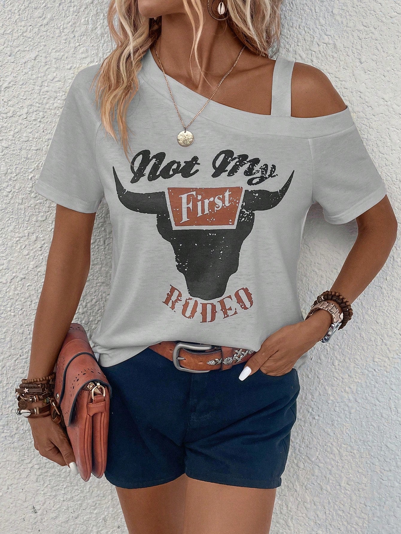 LUNE Cow Letter Graphic Asymmetrical Neck Tee