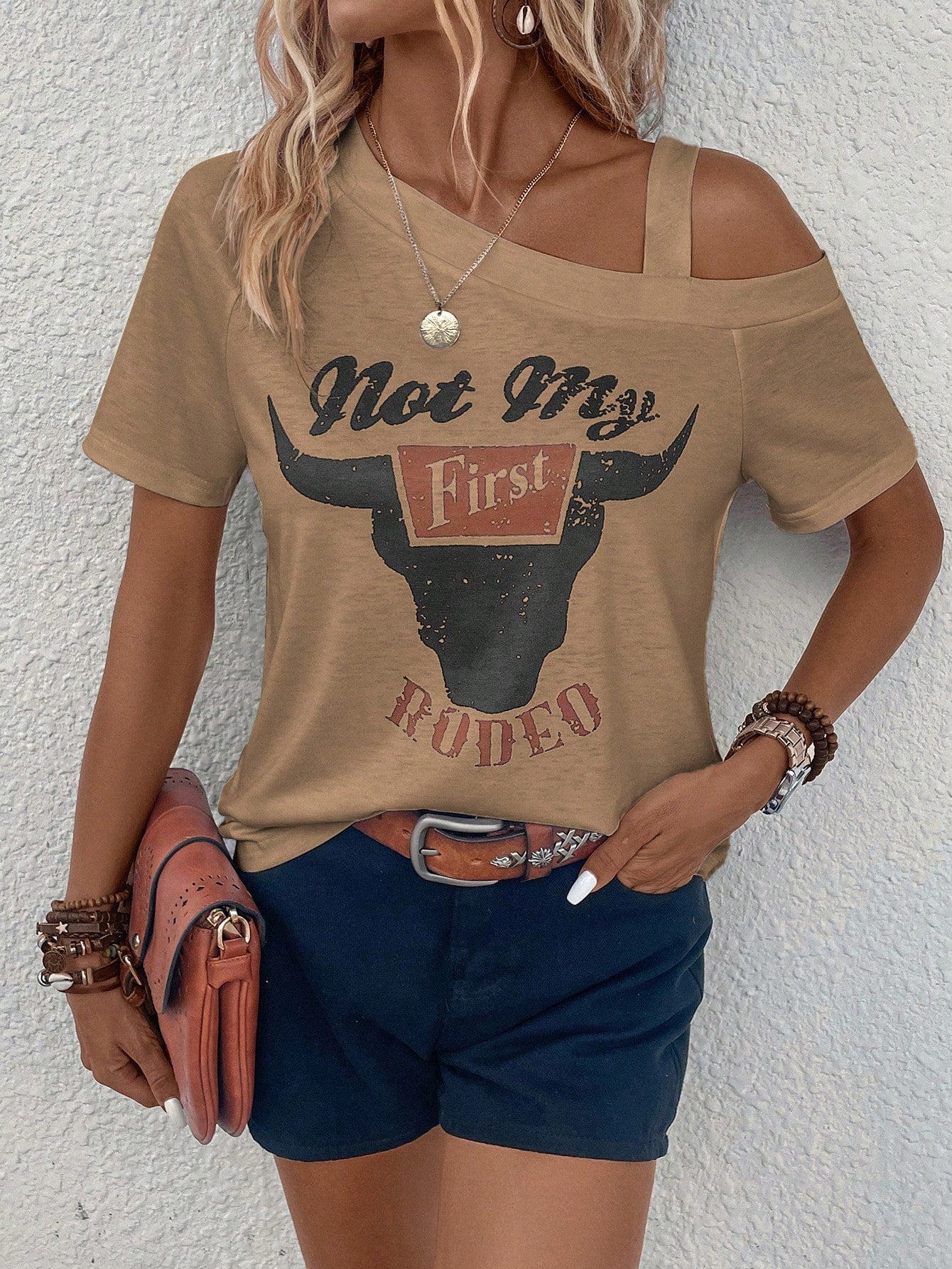 LUNE Cow Letter Graphic Asymmetrical Neck Tee