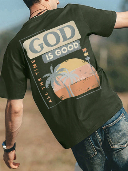 Men Tropical &amp; Letter Graphic Tee - &quot;God is Good All the Time&quot; (not custom made)