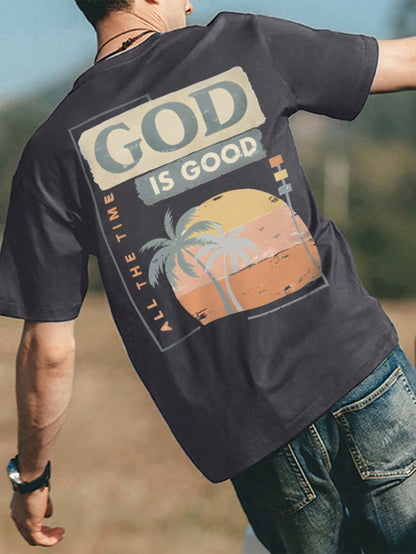 Men Tropical &amp; Letter Graphic Tee - &quot;God is Good All the Time&quot; (not custom made)