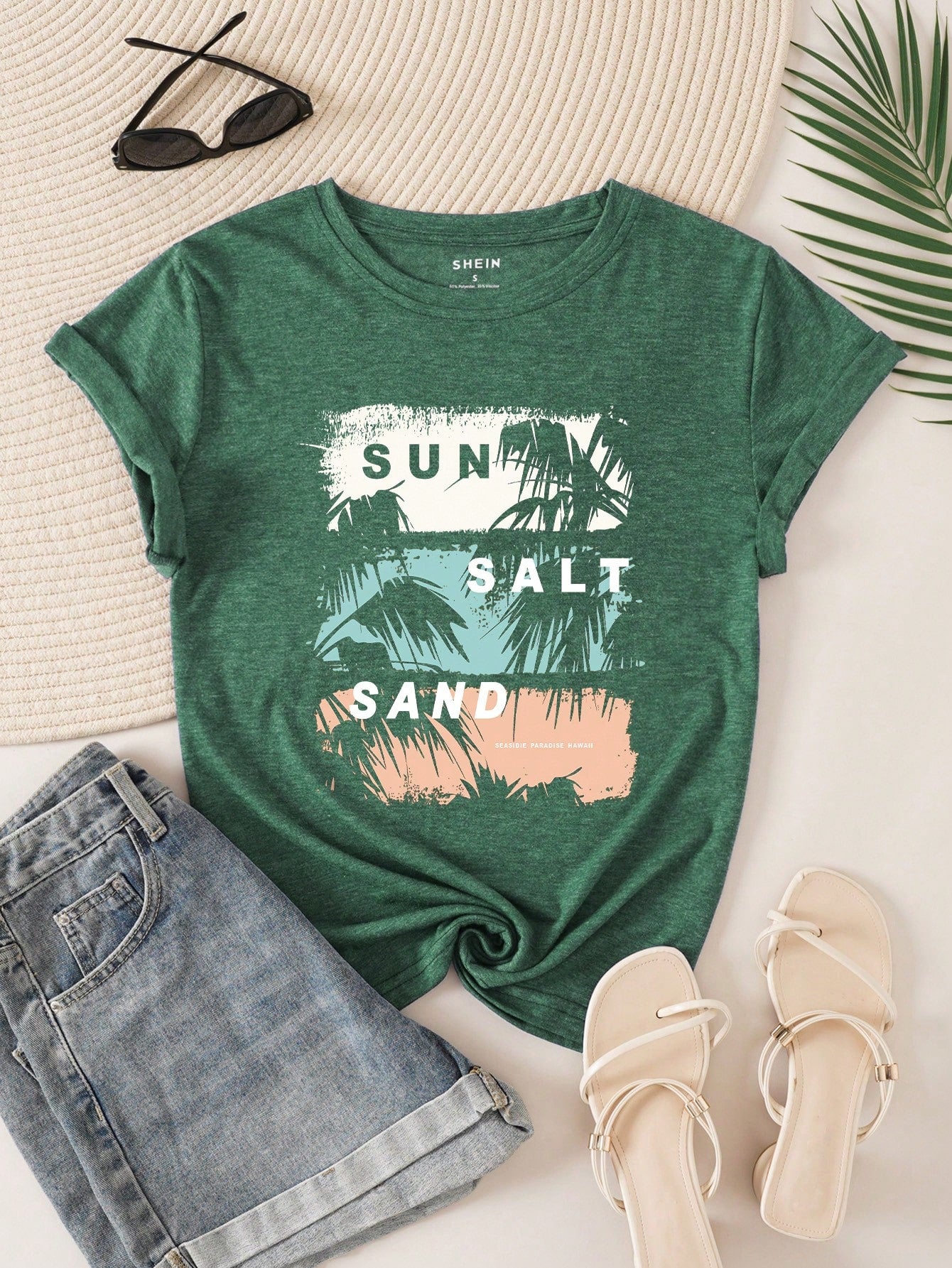 LUNE Tropical And Letter Graphic Tee - &quot;Sun Salt Sand&quot; (not custom made)