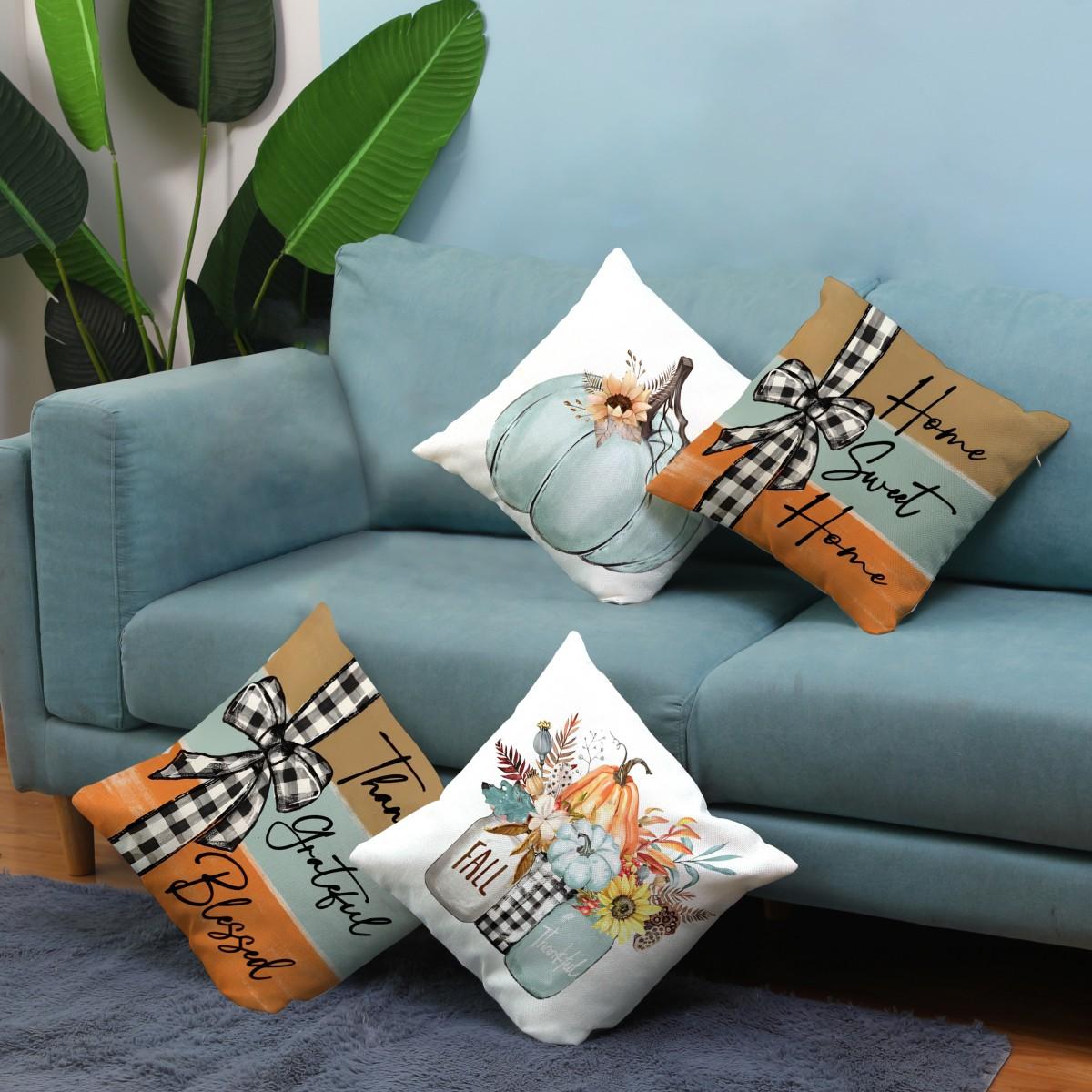 4pcs set Plaid Pumpkin Decorated Seat Cushions For Autumn winter