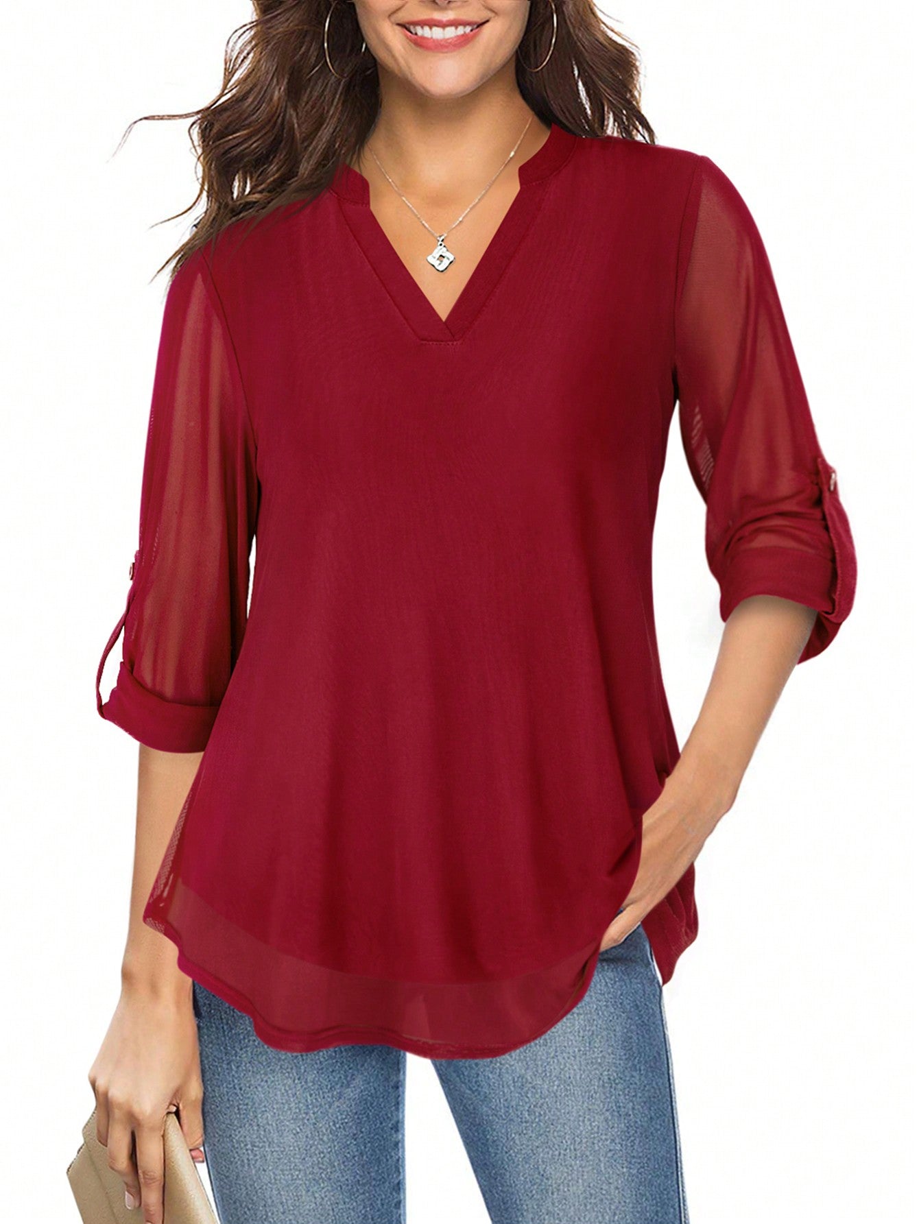 Solid Notched Neckline Roll Up Sleeve Top