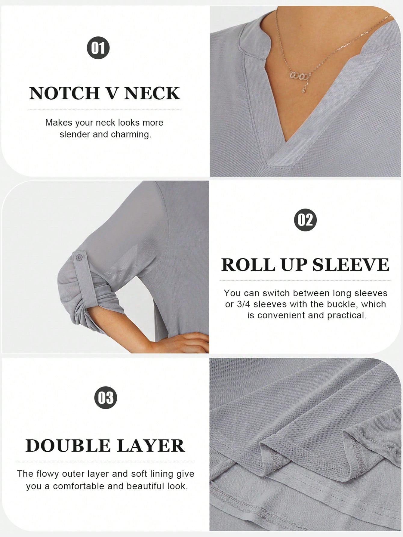 Solid Notched Neckline Roll Up Sleeve Top