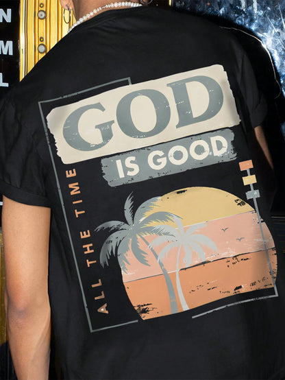 Men Tropical &amp; Letter Graphic Tee - &quot;God is Good All the Time&quot; (not custom made)