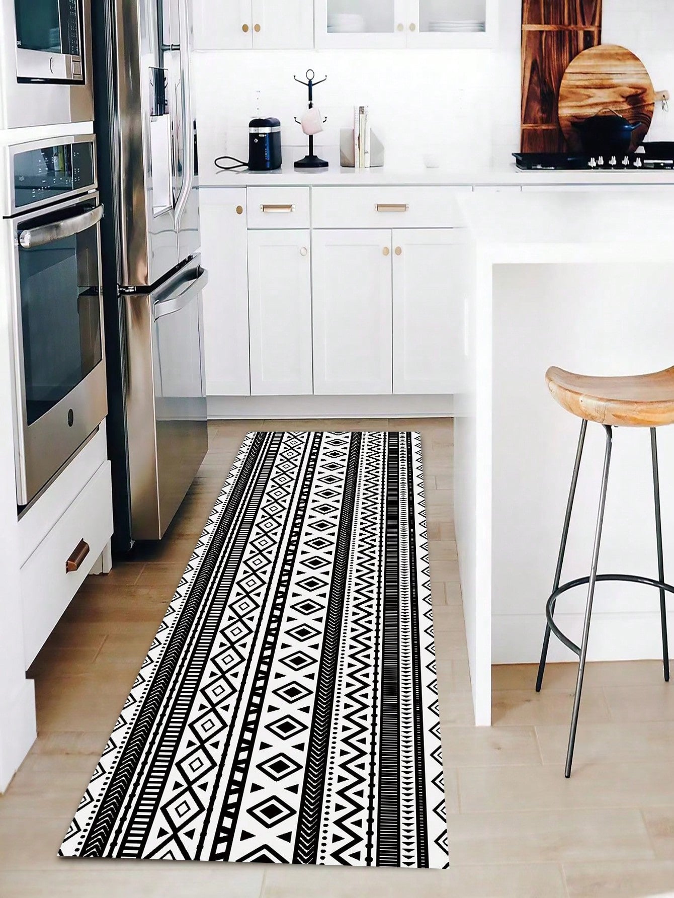 1pc Bohemian Style Geometric Print Kitchen Mat Black White Rectangle Area Rug