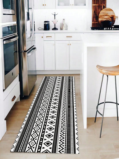 1pc Bohemian Style Geometric Print Kitchen Mat Black White Rectangle Area Rug